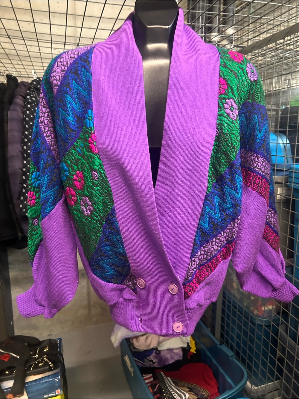 VTG 80’s Purple Floral Patterned Women's Cardigan Jacket missing button L